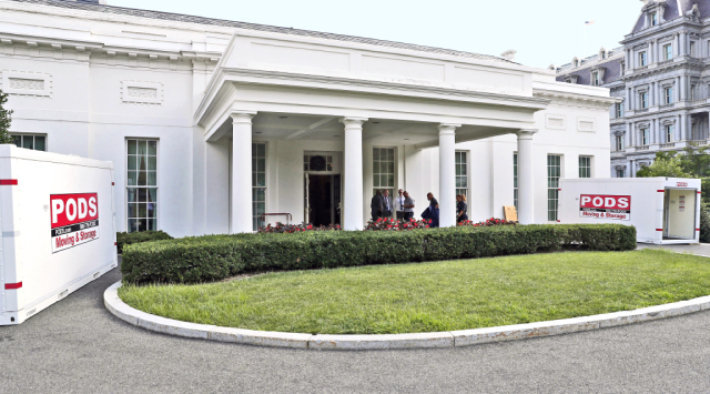 two PODS containers outside white house entrance