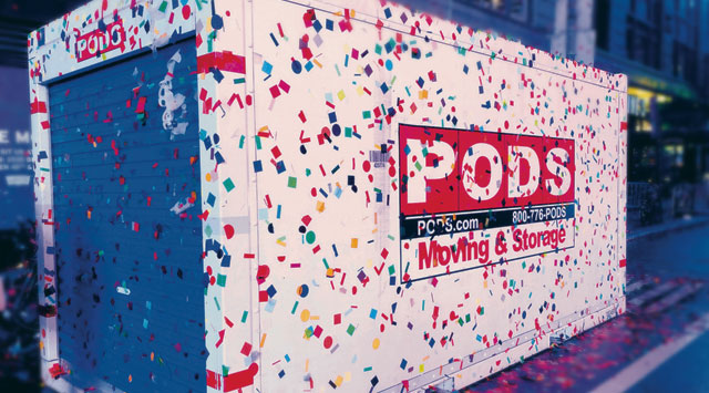 PODS for Business Secure Storage Container covered in confetti